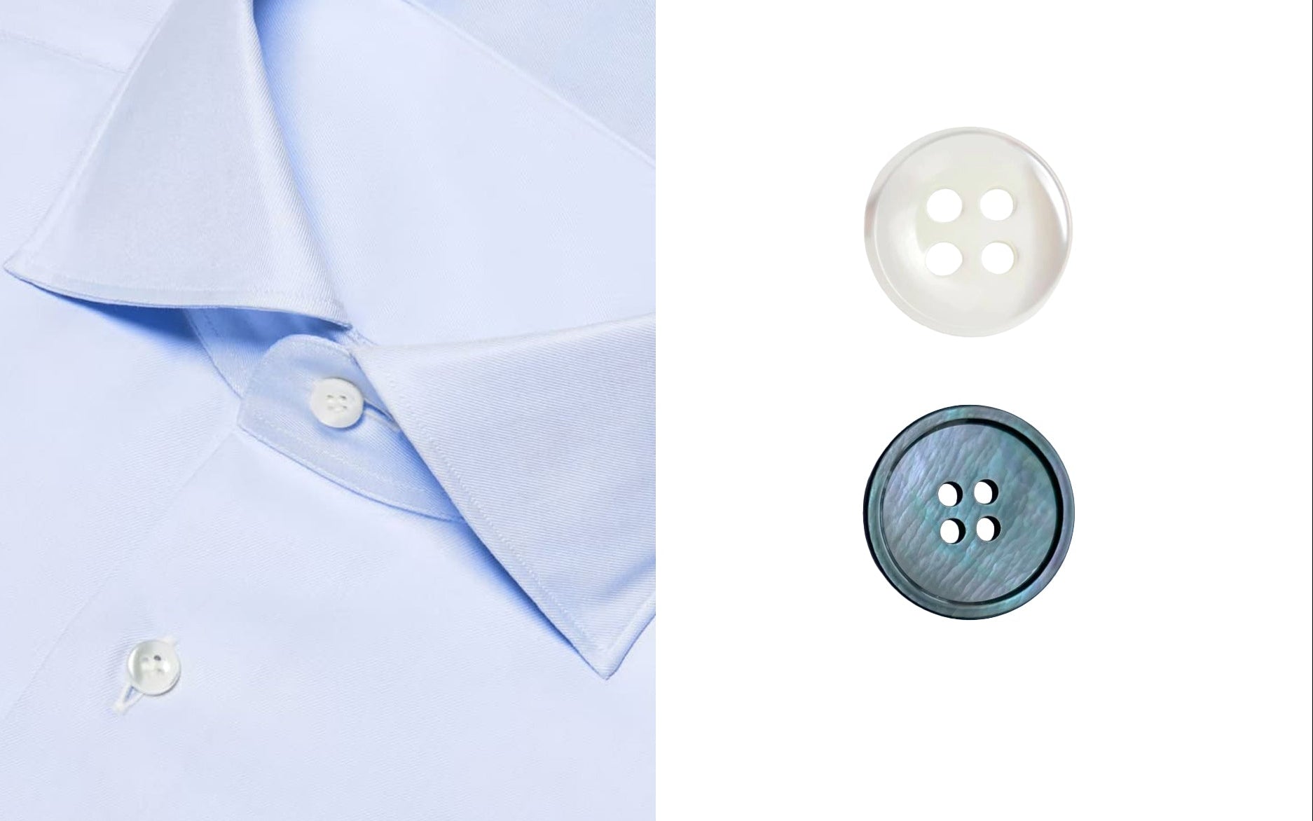 Close-up of a light blue dress shirt collar with white buttons on the left, and two decorative buttons on a white background on the right: one white and one dark blue-green with a textured inlay.